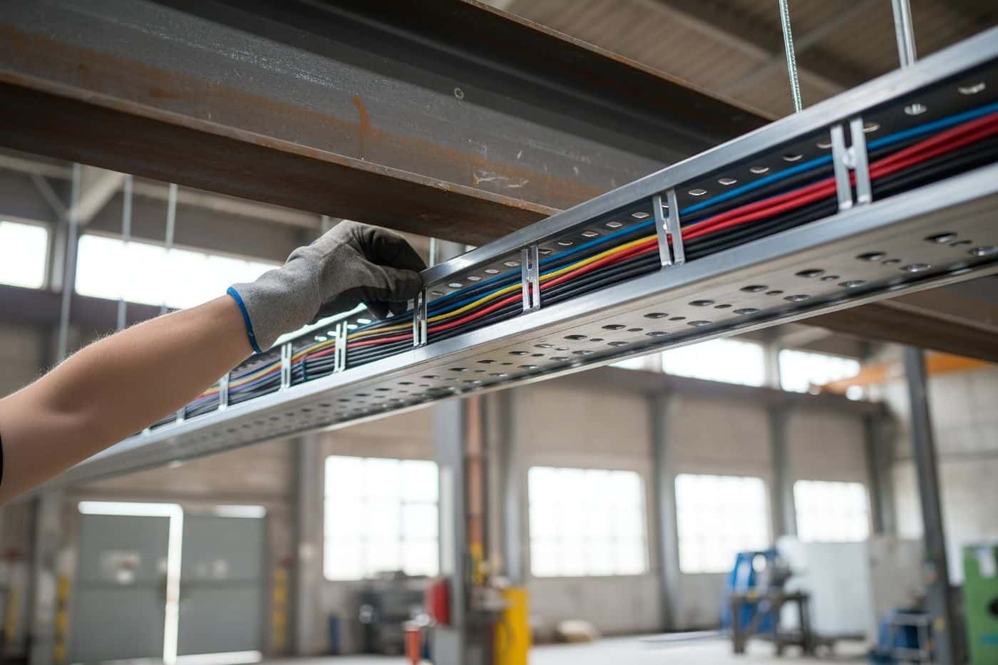 Électricien qui posent des fils dans un établissement industriel.